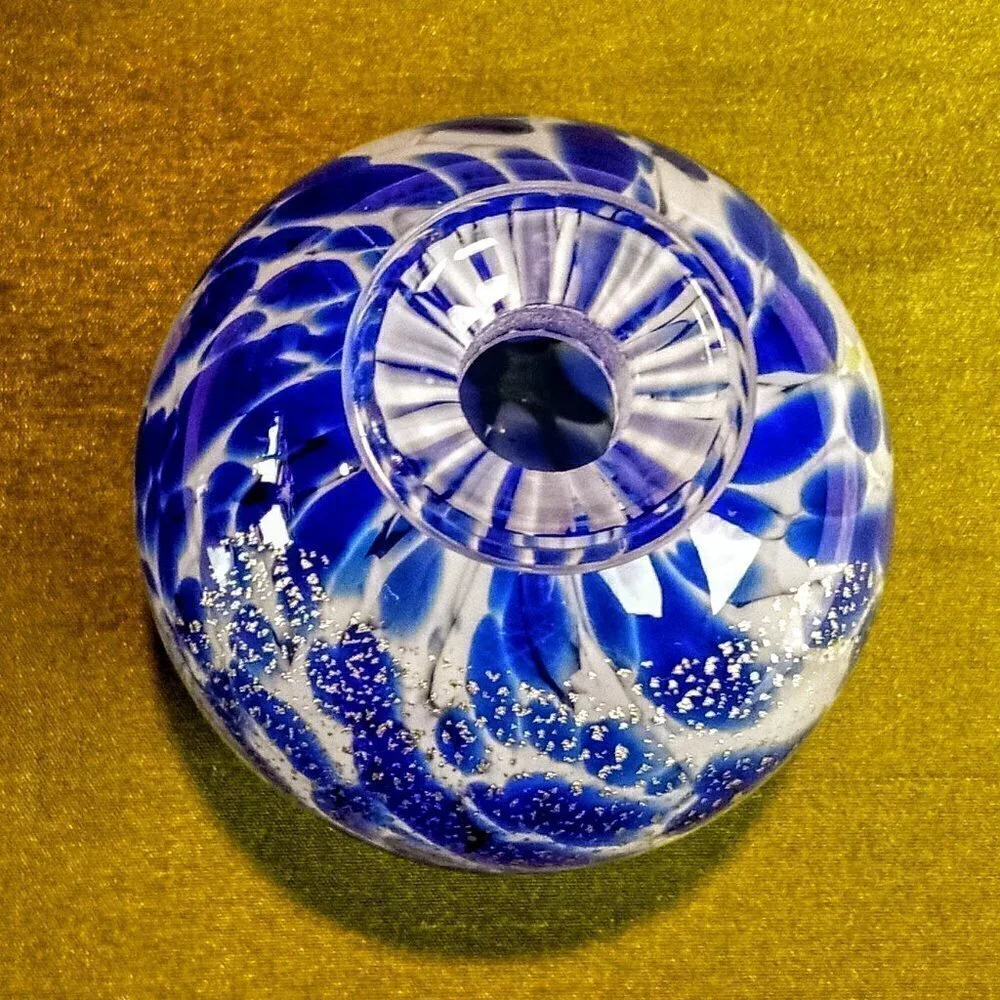 Blue White Gold Aventurine Art Glass Small Vase